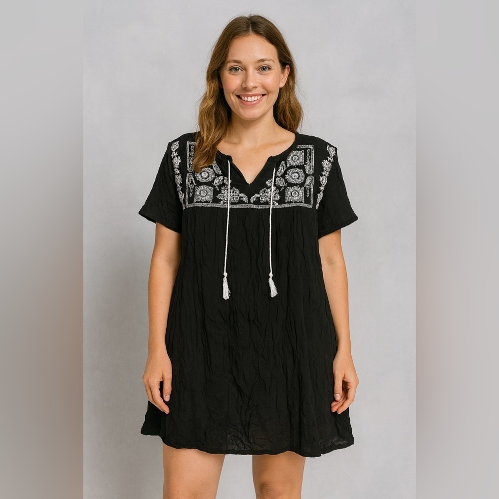 Paper Doll Black Tunic with White Embroidery